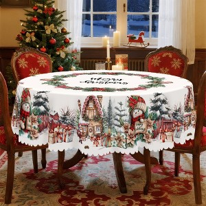 LOVEVOOK Round 60 Inch Christmas Tablecloth, Winter Snowman Trees White Washable Table Cover for Party Picnic Dinner Holiday Decor - 1 of 4