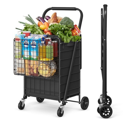 Portable Folding Shopping Cart Double 2024 Basket for Grocery Laundry W/Wheels Black