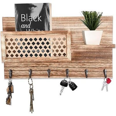 Rustic Brown Wooden Wall Mount Key Holder with Shelf