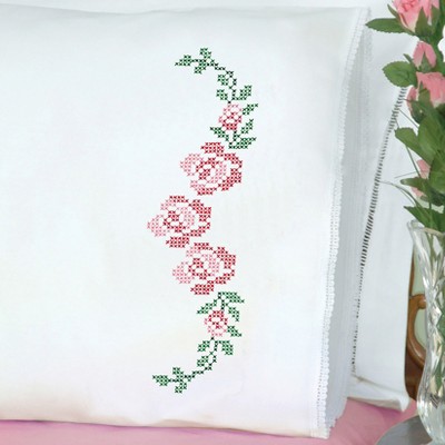 Jack Dempsey Stamped Pillowcases W/White Lace Edge 2/Pkg-XX Rose Vine