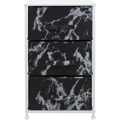 White Frame Black Marble 3-Drawer Nightstand with Fabric Bins