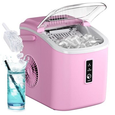 Simzlife Countertop Ice Maker Machine with Handle, 26.5lbs Per Day, 9 Cubes in 6 Mins, Auto-Cleaning Portable Ice Maker with Basket and Scoop,Pink