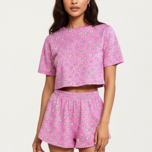 Anna-Kaci Lounge Women's Daisy Print Pajama Set with Cropped Short Sleeve Top Crew Neckline and Elastic Waist Relaxed Fit Shorts - 1 of 4