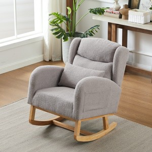 Racxily Teddy Fabric Rocking Chair, Upholstered Glider Rocker Chairs With Packet&Wood Legs, Soft Back Accent Armchair - 1 of 4
