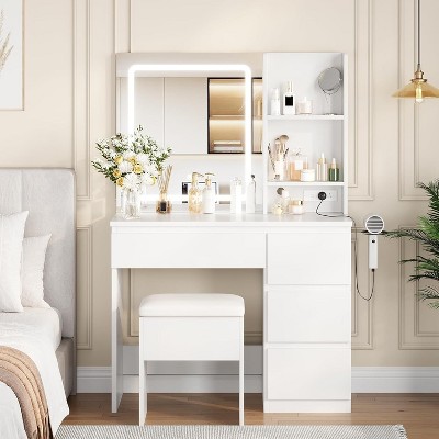 Vanity Desk with Mirror and Lights, Modern Makeup Dressing Table with Outlets, Storage Stool, 4 Drawers, 3 Colors LED & Hair Dryer Holder