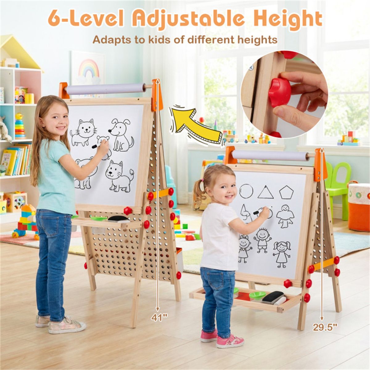 4-in-1 Kids Art Easel with Marble Run, Adjustable Height Double-Sided Drawing Easel with Paper Roll and Storage Tray for Kids 3+ - thumbnail 6
