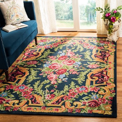 Classic Vintage Black and Rose Floral 6' x 9' Cotton Area Rug