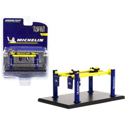 Adjustable Four-Post Lift "Michelin" Blue and Bright Yellow "Four-Post Lifts" Series 3 1/64 Diecast Model by Greenlight
