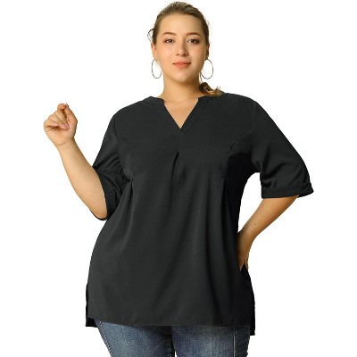 Agnes Orinda Women's Plus Size Casual Solid V Neck 1/2 Sleeves Pleated Blouses