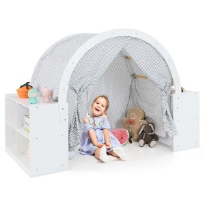 Costway Indoor Playhouse with Storage Wooden Kids Play Tent with Curtain Shades & 8 Cubbies - 1 of 4