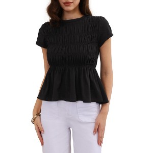 INSPIRE CHIC Women's Peplum Summer Smocked Ruched Crew Neck Cap Sleeve Babydoll Tunic Blouse - 1 of 4