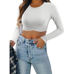 Nlife Women Casual Round Neckline Solid Color Long Sleeve Tassel Trim Crop Top - 1 of 4