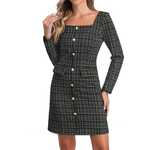Женские платья INSPIRE CHIC Women's Tweed Long Sleeves Square Neckline Knee Length Dresses Large Black