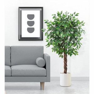 5FT Artificial Ficus Tree with Natural Wood Trunk, Fake Ficus Silk Tree in Plastic Nursery Pot, Faux Plant for House Living Room Office - 1 of 4
