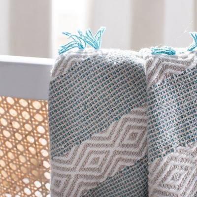 Beige & Teal Chevron Cotton Throw Blanket with Fringe