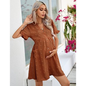 Womens Maternity Dress Swiss Dot V Neck Short Sleeve Button Down Summer Casual Baby Shower Mini Dresses - 1 of 4