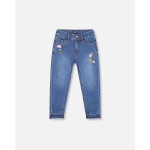 Deux par Deux Girl Jeans Blue Denim with Frayed Hems and Floral Embroideries - 1 of 4