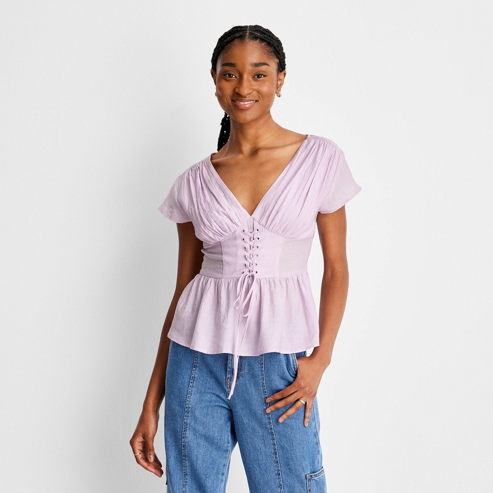 Women's Short Sleeve V-Neck Corset Top - Future Collective™ with Reese Blutstein Lavender S