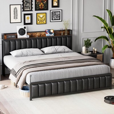 Whizmax King/Queen/Full Size Bed Frame with Shelf Headboard and Charging Station, Industrial Upholstered Platform Bed, No Box Spring Needed