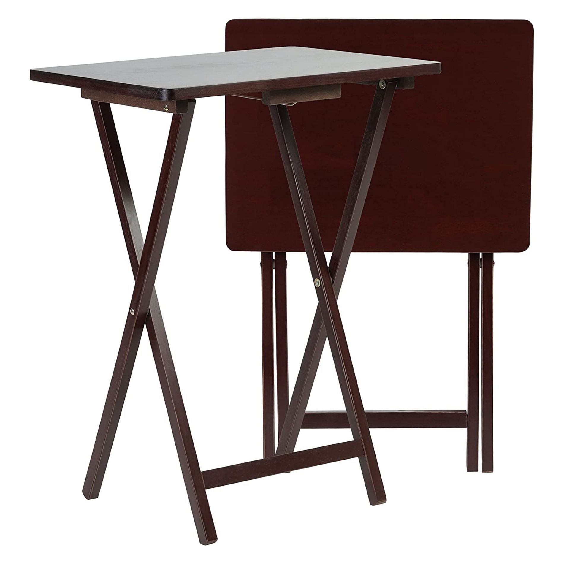 PJ Wood Multifunctional Rectangular Folding Solid Wood TV Tray Portable Living Room Snack Table Home Furniture Piece, Set of 2, Espresso Brown