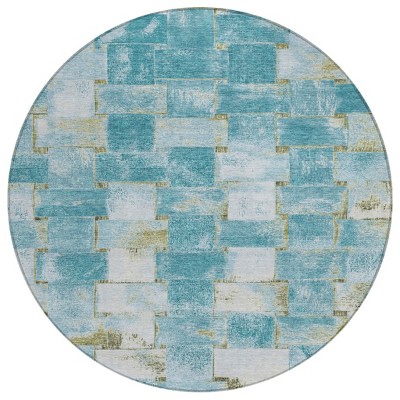 Teal Blue And Khaki Striped Washable Indoor Outdoor Area Rug