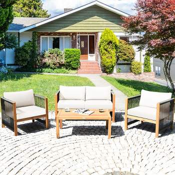 Costway 4PCS Wooden Patio Furniture Set Cushioned Sofa W/Rope Armrest White\Turquoise\Red
