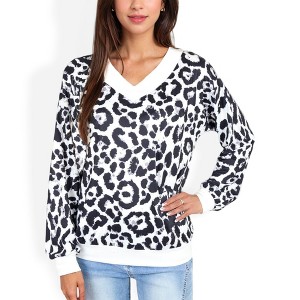 Anna-Kaci Women's Leopard Print V-Neck Long Sleeve Pullover with Contrast Trim for Daily Wear - 1 of 4