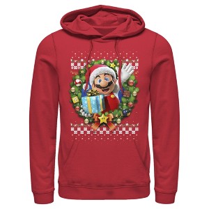 Men's Nintendo Ugly Christmas Mario Wreath Pull Over Hoodie - 1 of 3