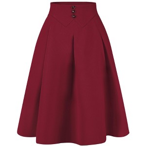 Allegra K Women's Pleated Button Decor High Waist Casual Office Swing Midi Skirts - 1 of 4