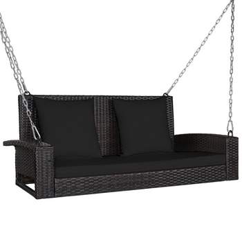 Costway 2-person Patio Rattan Hanging Porch Swing Bench Chair Cushion ...