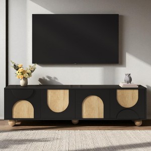 Farmhouse TV Stand for TVs up to 75", Media Console with Cable Holes, 4 Cabinets and 5 Solid Wood Legs for Living Room, Bedroom, 69.6"W - 1 of 4