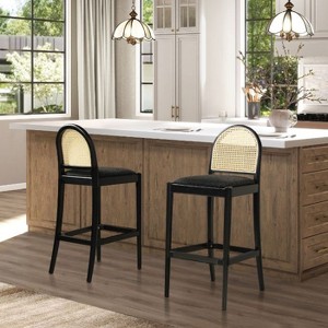 CAVINAS 30.5" Bar Stool Set of 2, Dining Bar Stools with Black Boucle Upholstery, Cane Webbing Back - 1 of 4