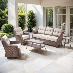 Belord 5PCS Brown Round Rattan Patio Furniture Set with 6" Thick Cushion, Outdoor Lounge Set with Swivel Chairs and Two-Tier Patio Coffee Table - 1 of 4