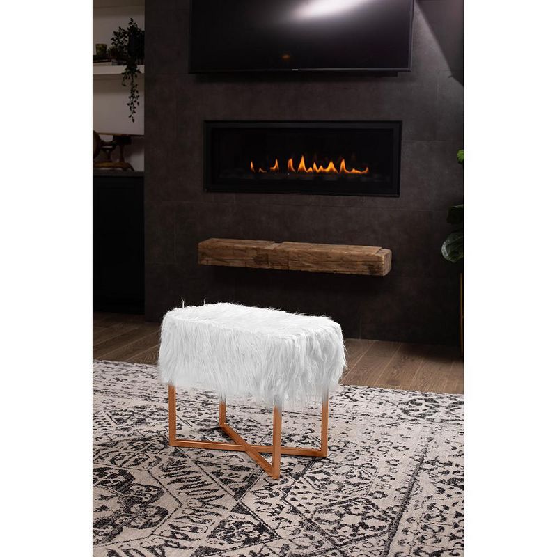 BirdRock Home Rectangular White Faux Fur Foot Stool Ottoman with Gold Legs, 3 of 4