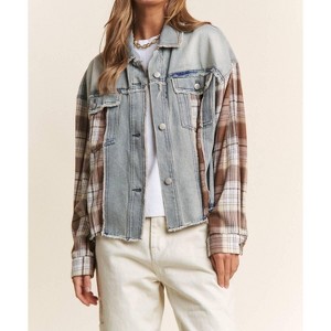 Women's Color Block Plaid And Denim Jacket - J.NNA - 1 of 2