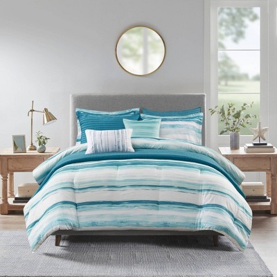 Aqua Microfiber Reversible Full Comforter Set with Channel Stitch