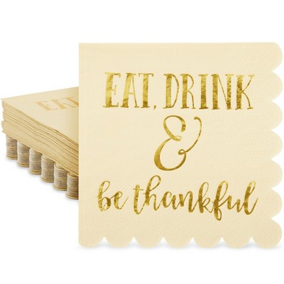 Blue Panda 50-Pack Eat Drink & Be Thankful Brown Paper Cocktail Napkins for Thanksgiving Party Supplies