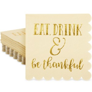 Blue Panda 50-Pack Eat Drink & Be Thankful Brown Paper Cocktail Napkins for Thanksgiving Party Supplies - 1 of 4