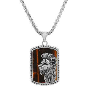 Steeltime 24" Men's stainless steel and tiger eye Lion head dog tag pendant. Color Options: Brown, Black - 1 of 4