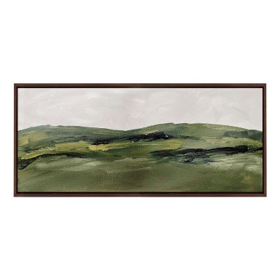 Green Mountain Landscape Watercolor Canvas Print with Brown Frame