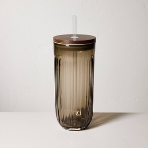 21oz Fluted Glass Tumbler with Wood Lid - Hearth & Hand™ with Magnolia - 1 of 4