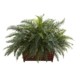 Nearly Natural River Fern with Wood Planter: Indoor Faux Greenery, Rectangle Plant Display - 1 of 3