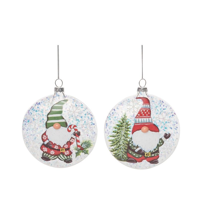 Transpac Glass 4.5 in. Multicolored Christmas Painted Gnome Round Ornament Set of 2, 1 of 2