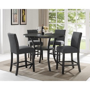 Roundhill Furniture Biony Espresso Wood Counter Height Dining Set with Gray Fabric Nailhead Stools - 1 of 4