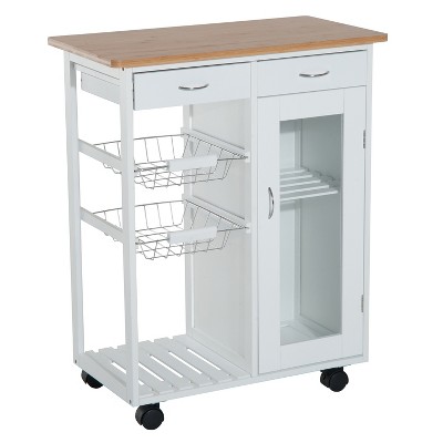 HOMCOM 28” Rolling Kitchen Trolley Serving Cart Storage Cabinet Bamboo Top with Wire Basket & Glass Door & Drawers  - White