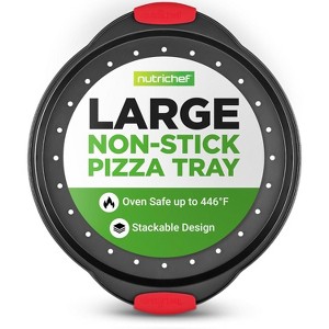 NutriChef Non-Stick Pizza Tray with Silicone Handle - Round Steel Pan with Perforated Holes, Dishwasher Safe, Ideal for Oven Baking - 1 of 4