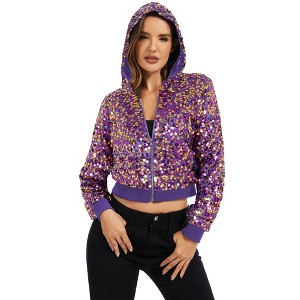 Anna-Kaci Women's Sequin Zip-Up Hooded Jacket with Ribbed Hem and Long Sleeves for Party Wear - 1 of 4