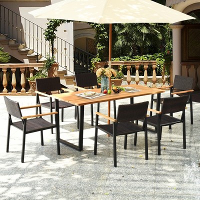 Acacia Wood and Black Metal 6-Person Outdoor Dining Set with Rattan Chairs