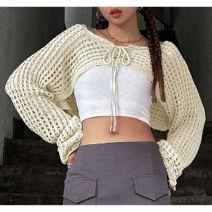 Coolmee Women's Cropped Cardigan Hollow Out Tie Up Long Bell Sleeve Sheer Crochet Shrug Bolero - 1 of 2