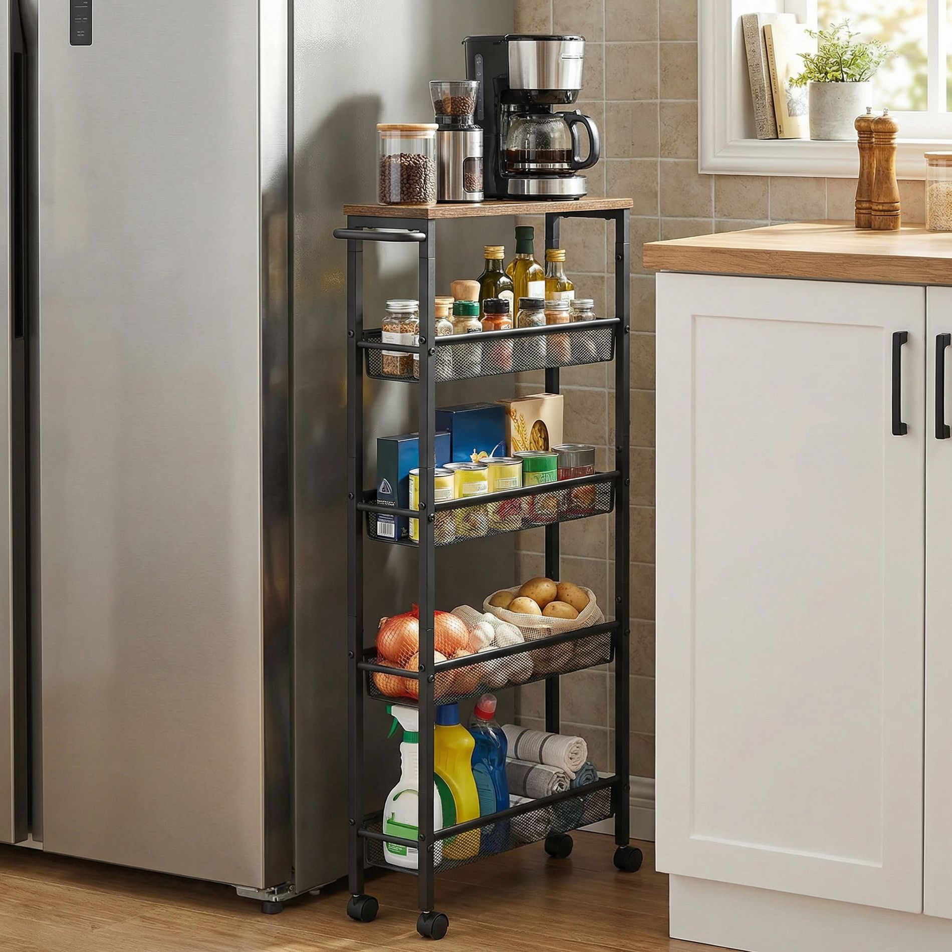 LEDREM 5-Tier Slim Rolling Cart, Storage Cart, Narrow Cart with Handle, for Kitchen, Dining Room, Living Room, Home Office